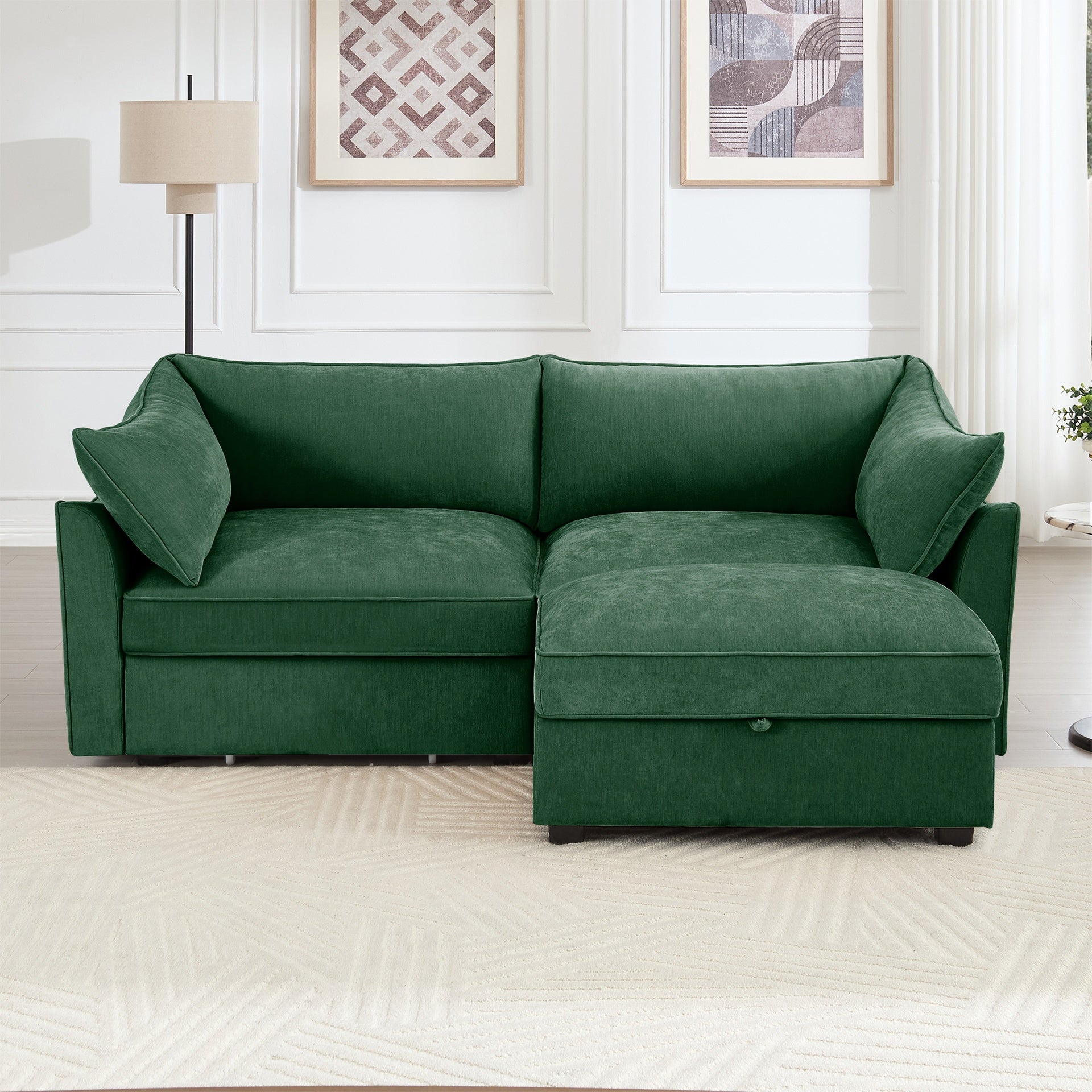 2 Seater Sofa With Footrest , 2-Seat Sofa with 1 Movable Ottoman,  Pull out Storage Drawer Under Each Seat,Chenille Green