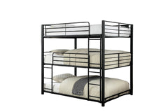 Full Tripe Decker Bed Contemporary Style Attached Two Ladders Full Metal Structure With Guard Rails Sand Black Finish