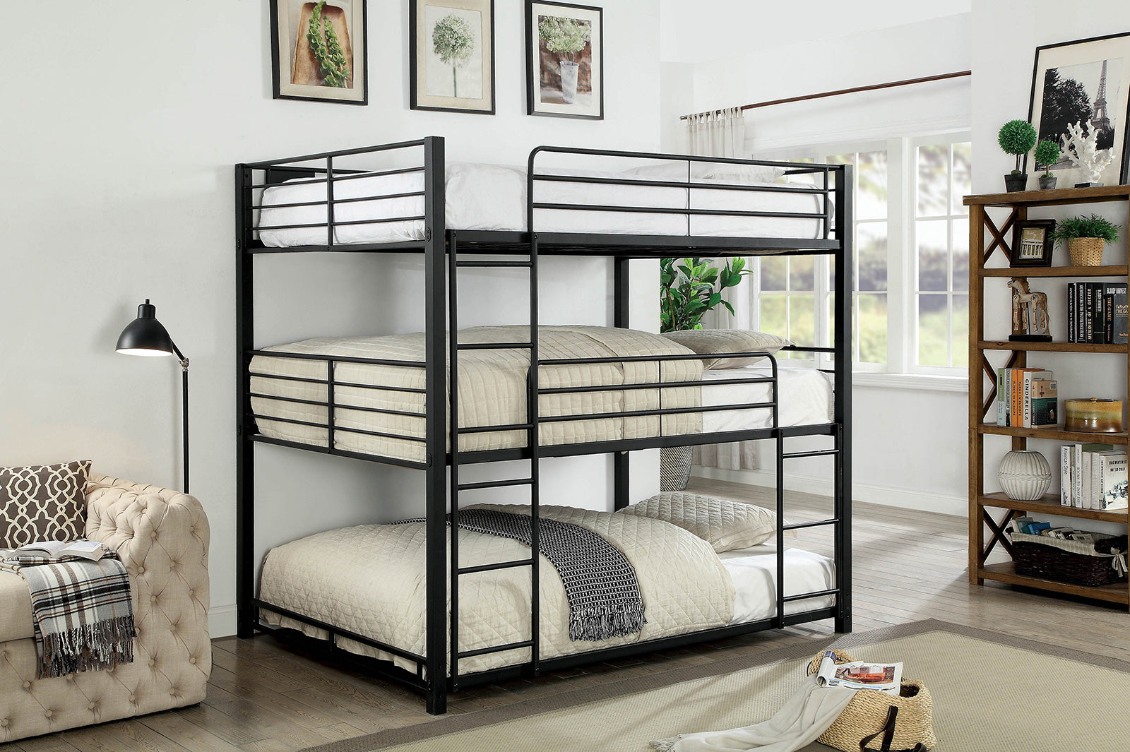 Full Tripe Decker Bed Contemporary Style Attached Two Ladders Full Metal Structure With Guard Rails Sand Black Finish