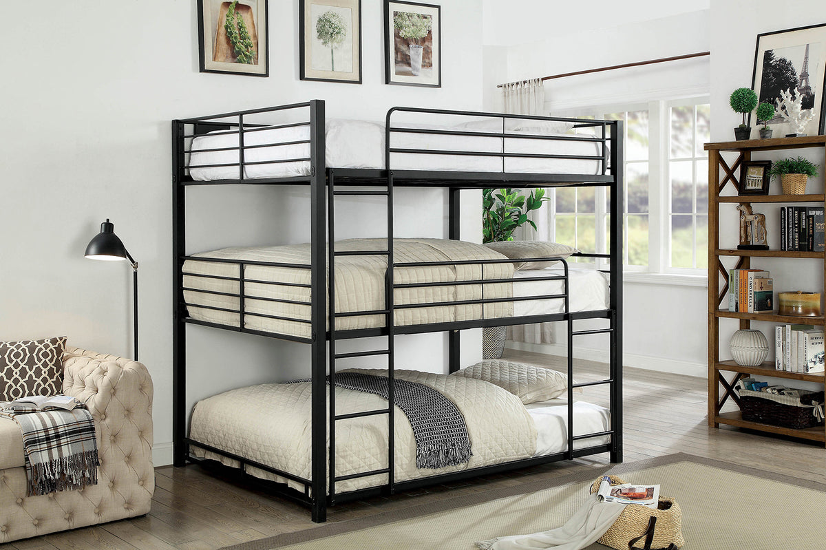 Full Tripe Decker Bed Contemporary Style Attached Two Ladders Full Metal Structure With Guard Rails Sand Black Finish