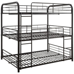 Full Tripe Decker Bed Contemporary Style Attached Two Ladders Full Metal Structure With Guard Rails Sand Black Finish