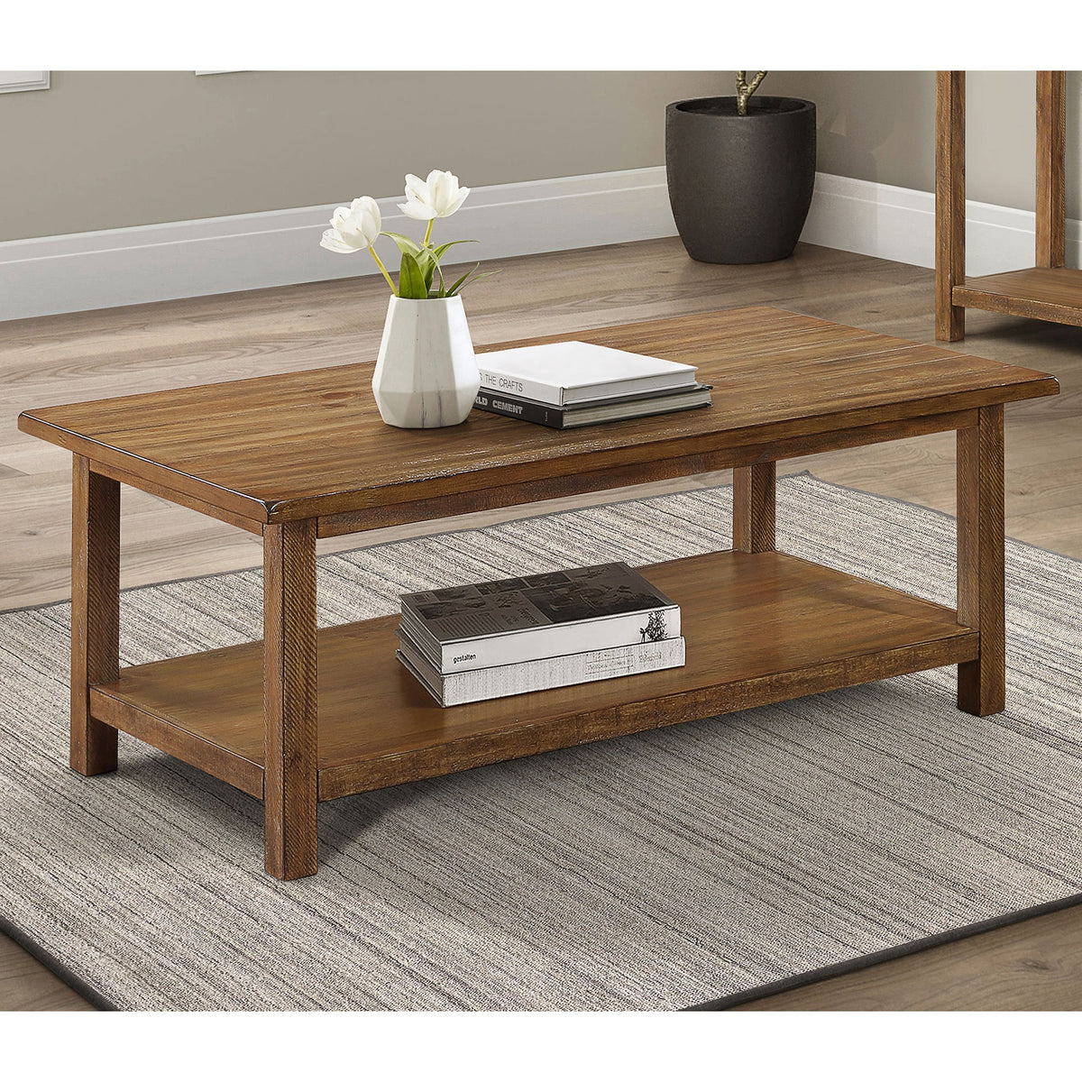 Castleton Distressed Brown Wood Coffee Table with Shelf