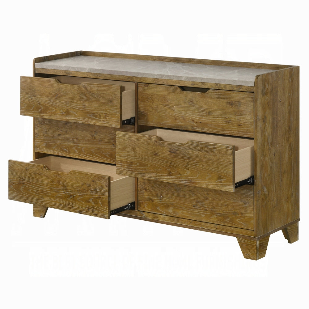 Transitional Brown Finish Dresser With 6x Storage Drawer Bedroom Furniture 1pc Solid Rubberwood