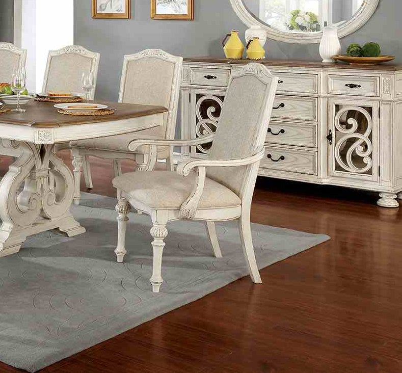 Rustic Style 2pc Arm Chair Upholstered Seat Intricate Wood Inlay Detail Antique White Finish Dining Room