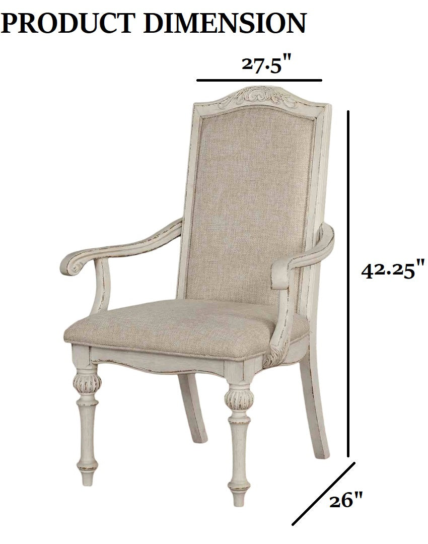 Rustic Style 2pc Arm Chair Upholstered Seat Intricate Wood Inlay Detail Antique White Finish Dining Room