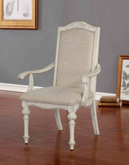 Rustic Style 2pc Arm Chair Upholstered Seat Intricate Wood Inlay Detail Antique White Finish Dining Room