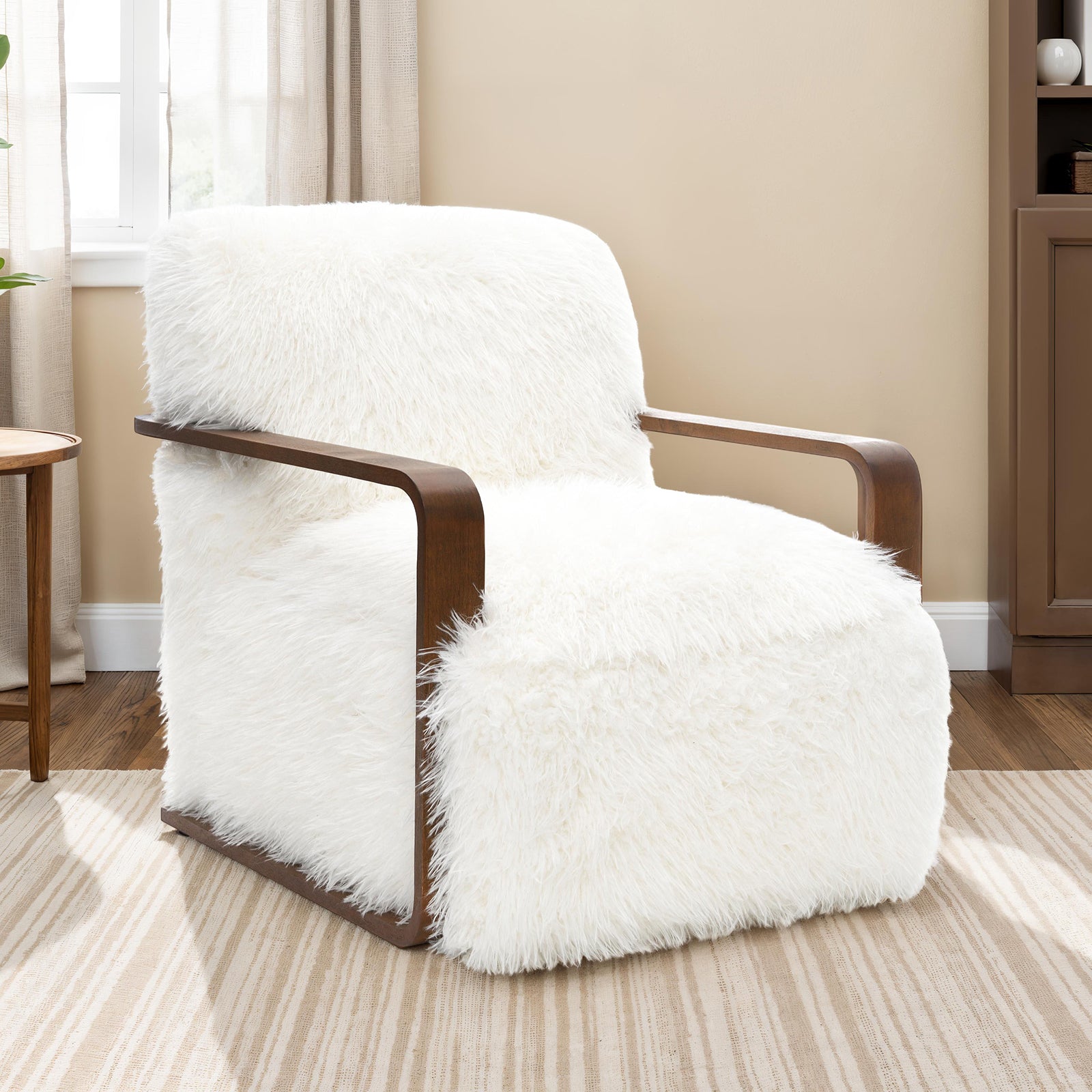 Contemporary Style 1pc Accent Chair Long Soft Faux Fur Retro Inspired Curve Wooden Arms Tight Seat And Back White Finish Primary living Room