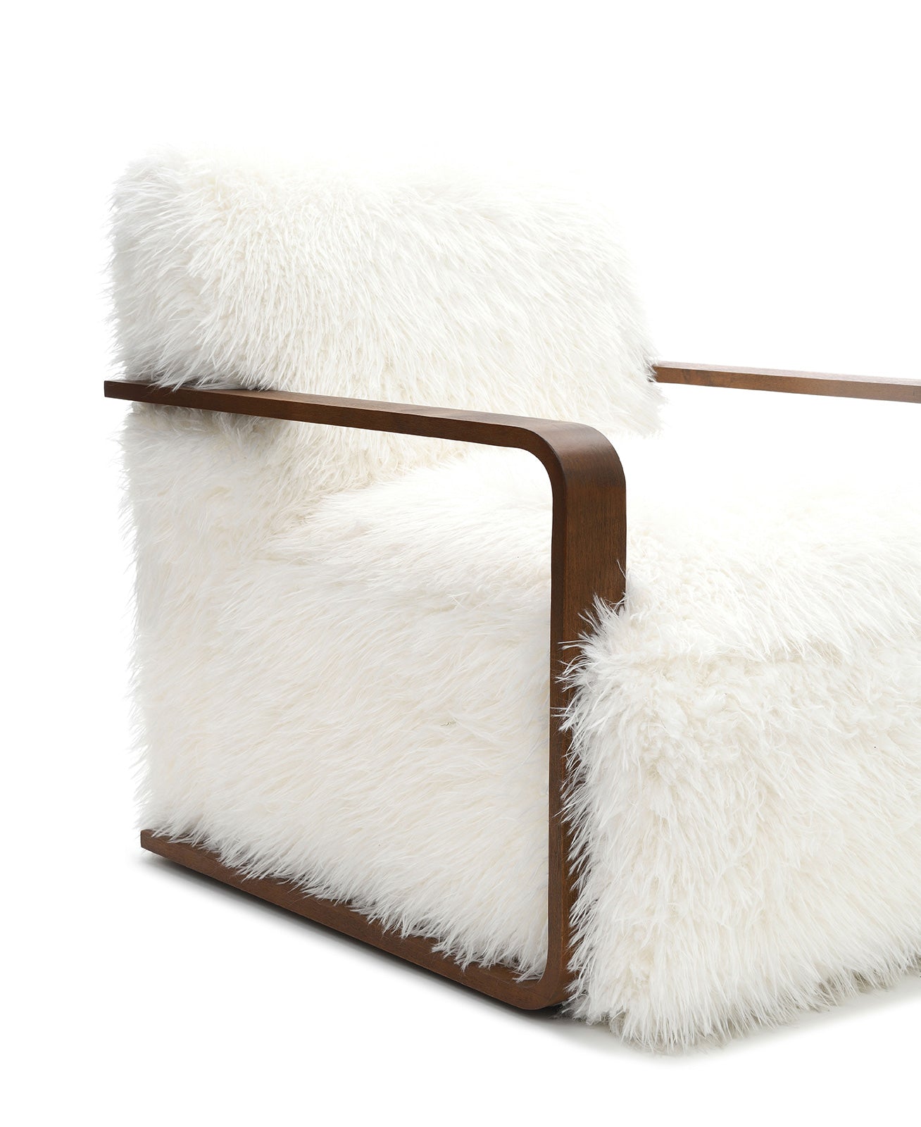 Contemporary Style 1pc Accent Chair Long Soft Faux Fur Retro Inspired Curve Wooden Arms Tight Seat And Back White Finish Primary living Room