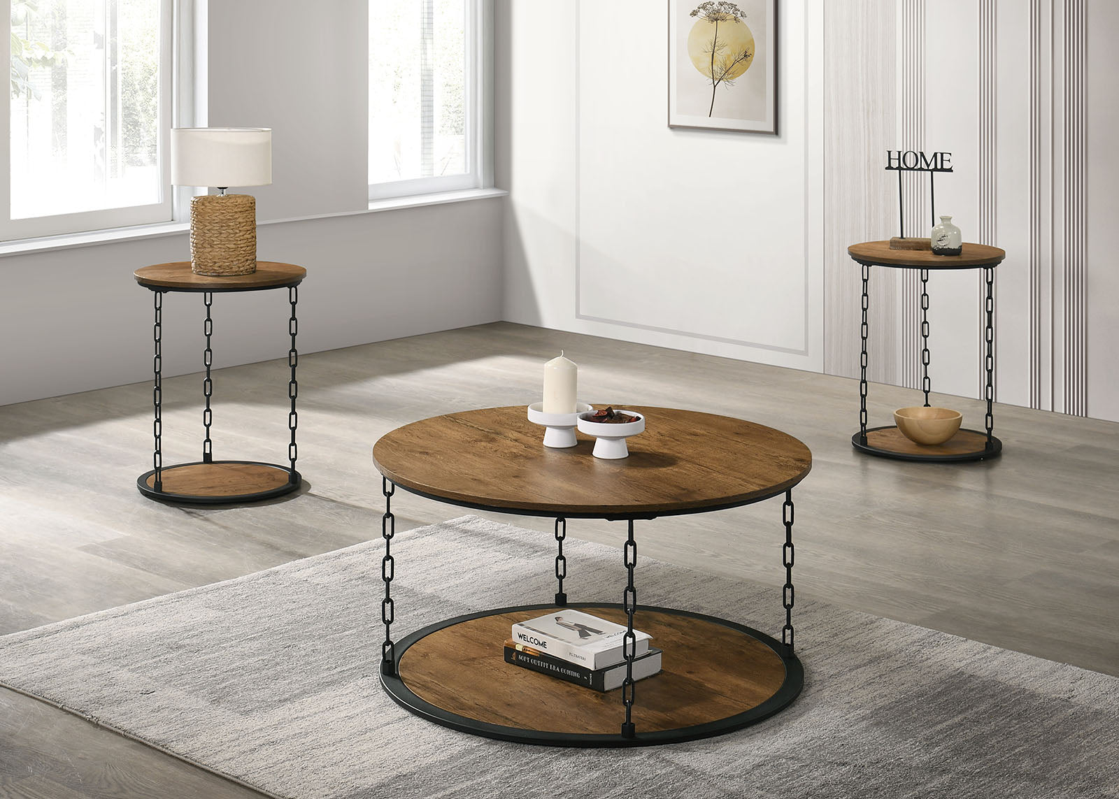 Natural Finish Rustic 3pc Table Set 1x Coffee Table 2x End Table Decorative Chain Pole Two Layered Storage Primary Living Room