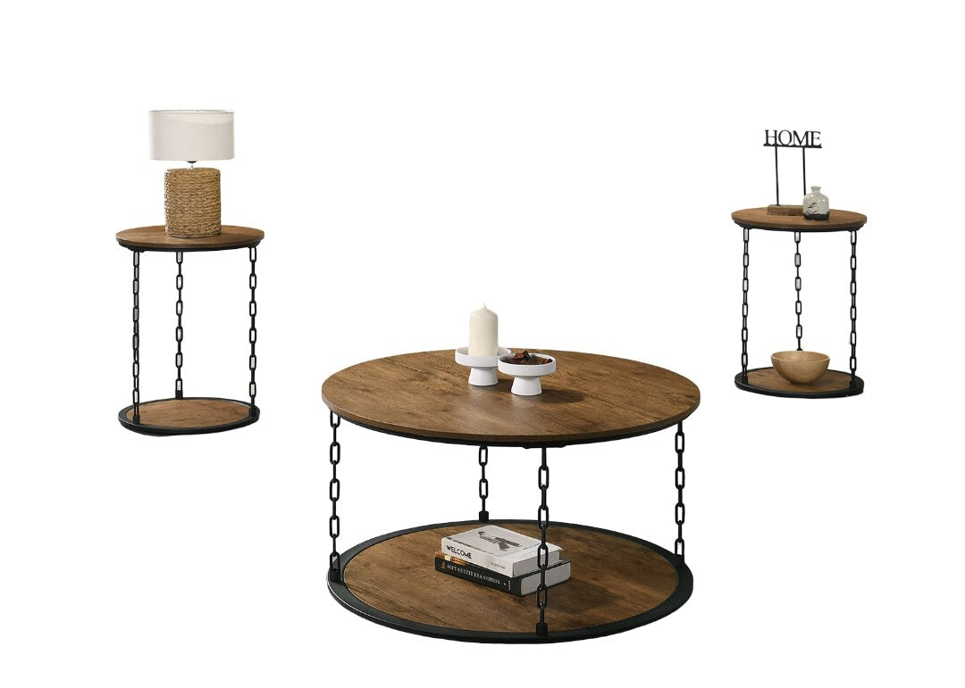 Natural Finish Rustic 3pc Table Set 1x Coffee Table 2x End Table Decorative Chain Pole Two Layered Storage Primary Living Room