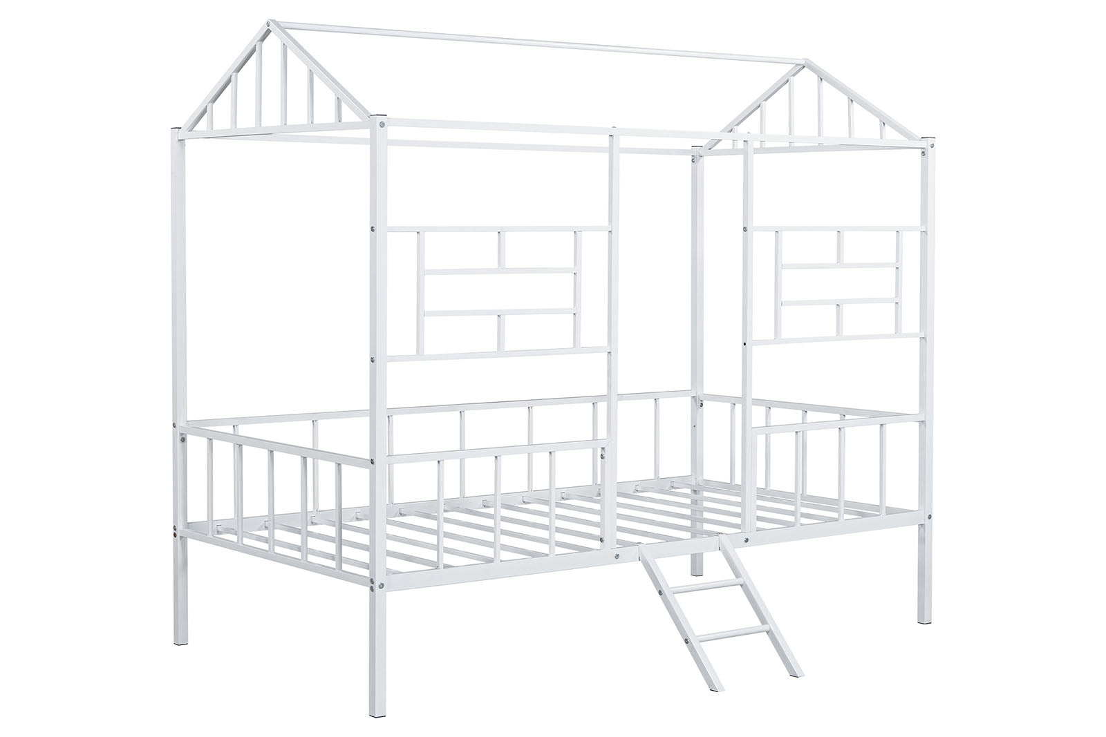 Twin Bunk Bed Contemporary Style House Design With Full Metal Construction And Angled Ladder, White