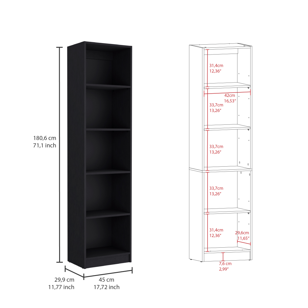 Home Xs Bookcase with 5-Tier Shelves and Slim Design -Black -Office