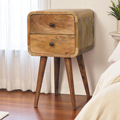 Solid Wood Mini Curved Nightstand, 2-Drawers, Oak-ish, Light Brown