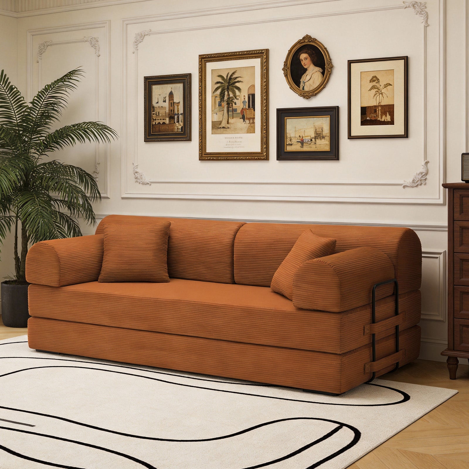 Convertible Sleeper Sofa Bed with Cylindrical Pillow, Corduroy Folding Mattress Couch with Fixed-Shape Frame, Floor Sofa Lounge Couch for Living Room Bedroom(orange)