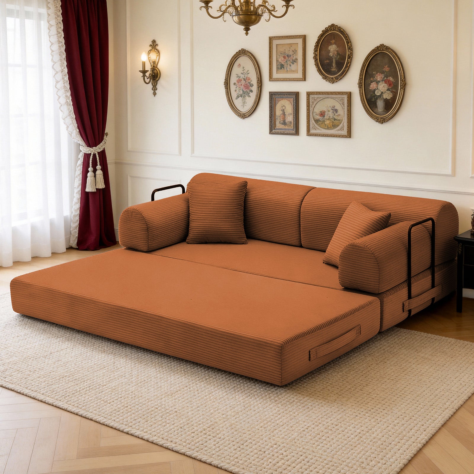 Convertible Sleeper Sofa Bed with Cylindrical Pillow, Corduroy Folding Mattress Couch with Fixed-Shape Frame, Floor Sofa Lounge Couch for Living Room Bedroom(orange)