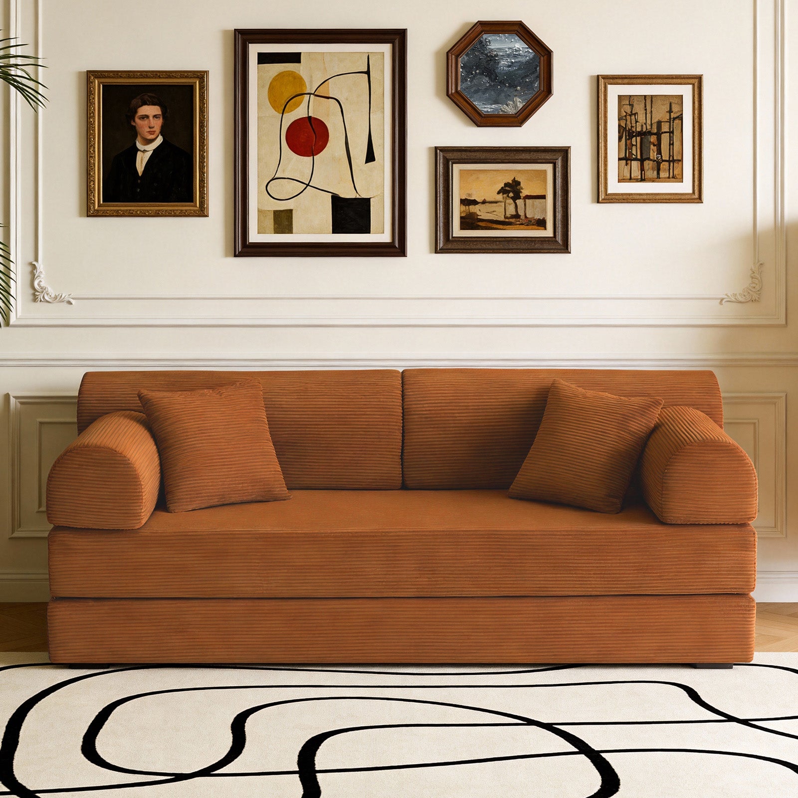 Convertible Sleeper Sofa Bed with Cylindrical Pillow, Corduroy Folding Mattress Couch with Fixed-Shape Frame, Floor Sofa Lounge Couch for Living Room Bedroom(orange)