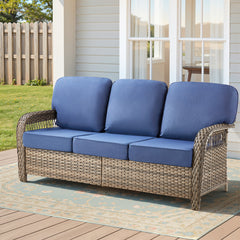 75.2" Outdoor Gray Wicker Patio Sofa with T Shape-Back Cushions and 5" Thick Foam, for Porch or Backyard, Blue