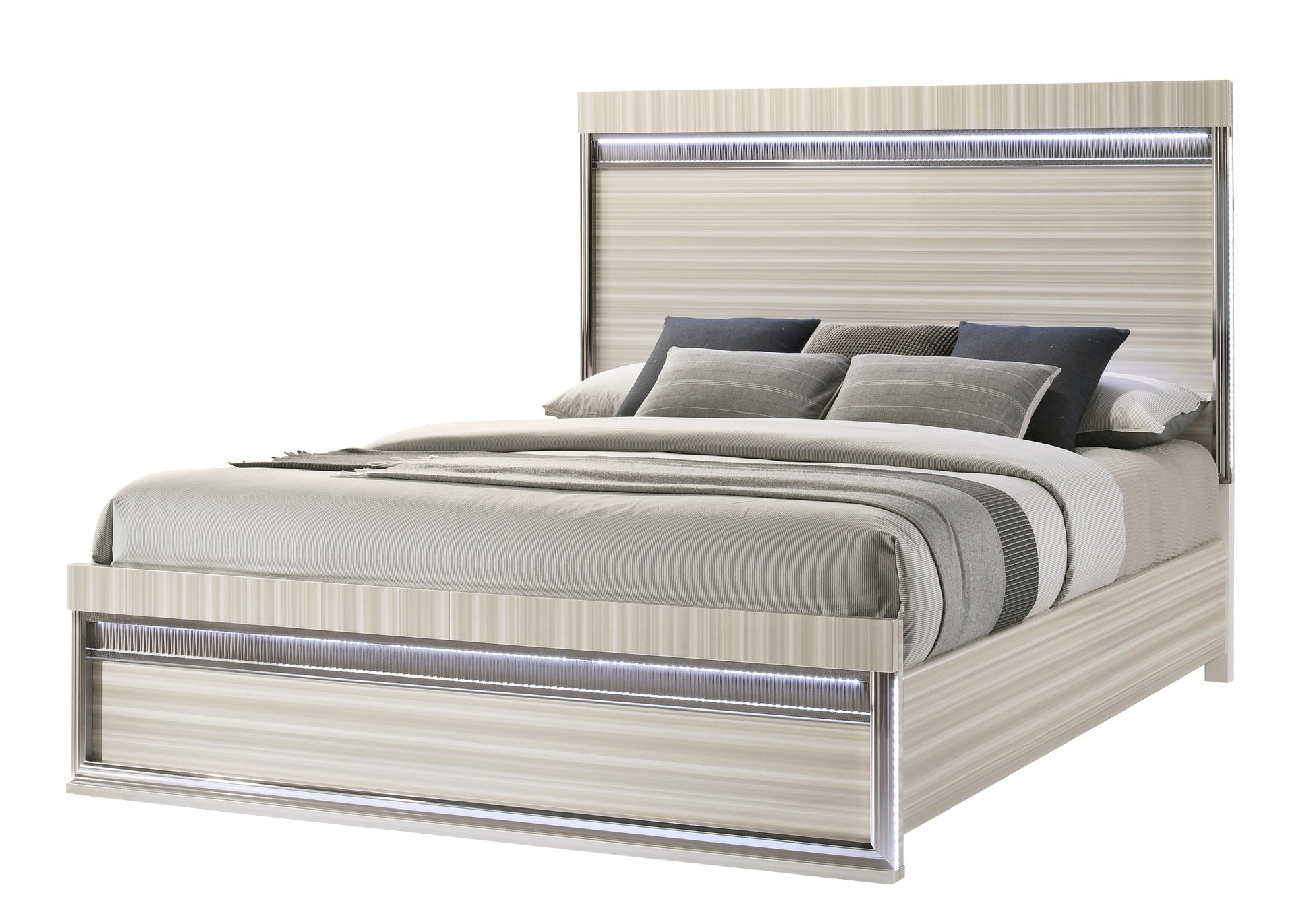 Leonor Modern Queen 4Pc Bedroom Set made with wood and LED in Gray with clean linear detailing