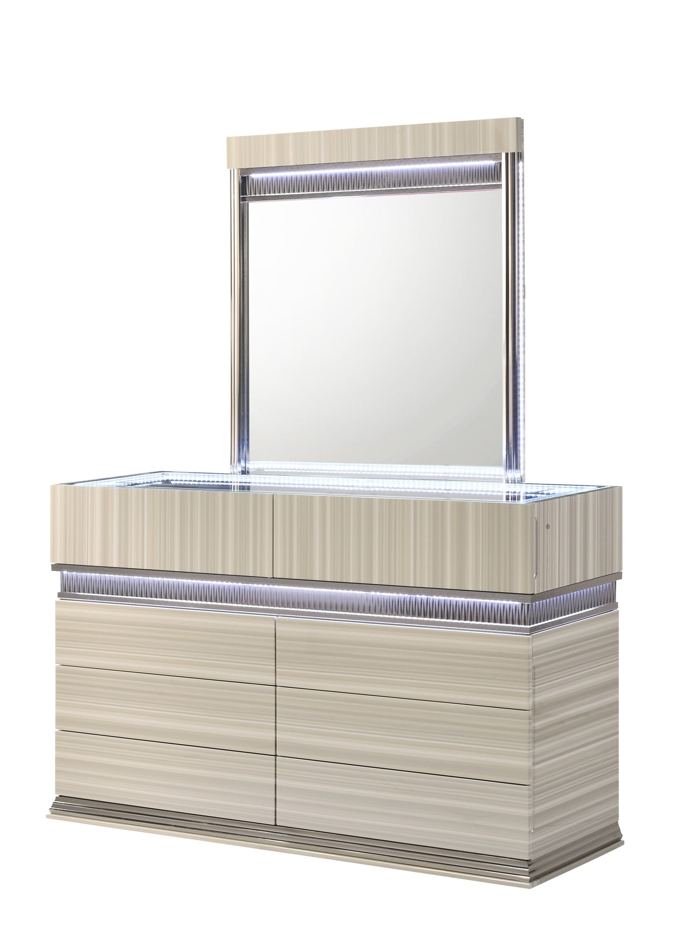 Leonor Modern Style 6 Drawer Dresser made with wood and LED in Gray with clean linear detailing(INCLUDES DRESSER ONLY NOT MIRROR)