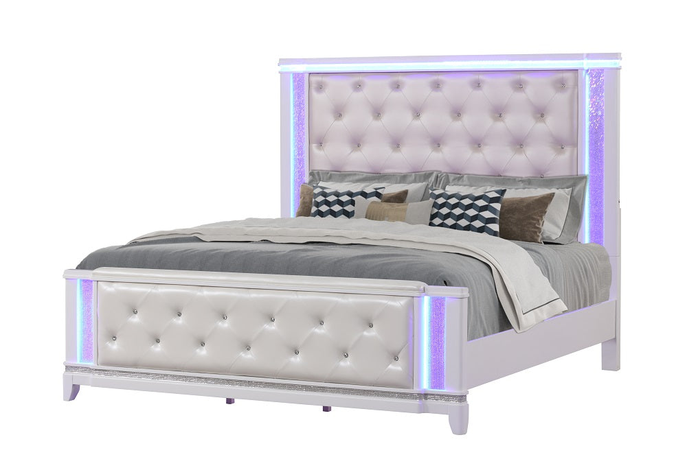 Opium luxurious tufted design, LED-lit panels, and contemporary glam Queen Bed in Milky White (NJ Inventory)