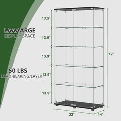 Glass Display Cabinet with 5-Shelf Double Doors and Lock, 5mm Tempered Glass Floor Standing Bookshelf for Living Room, Bedroom, Office, 72 x 32 x 14 in, Black