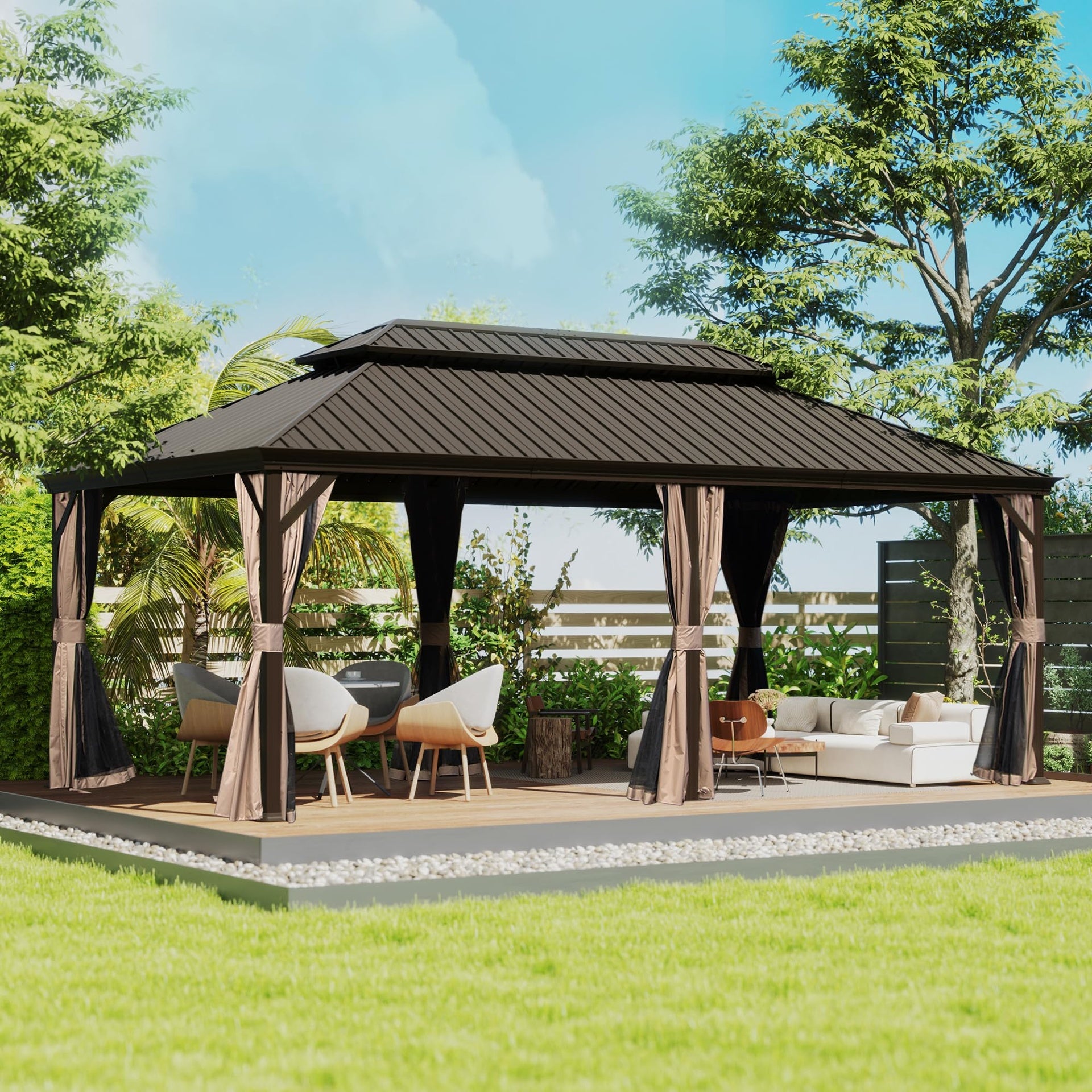 12' X 18' Hardtop Gazebo, Upgraded Metal Gazebo with Drainage System, Dual-Layer Galvanized Steel Roof, Curtain and Netting, Outdoor Shelter Canopy for Patio, Garden, and Backyard, Brown