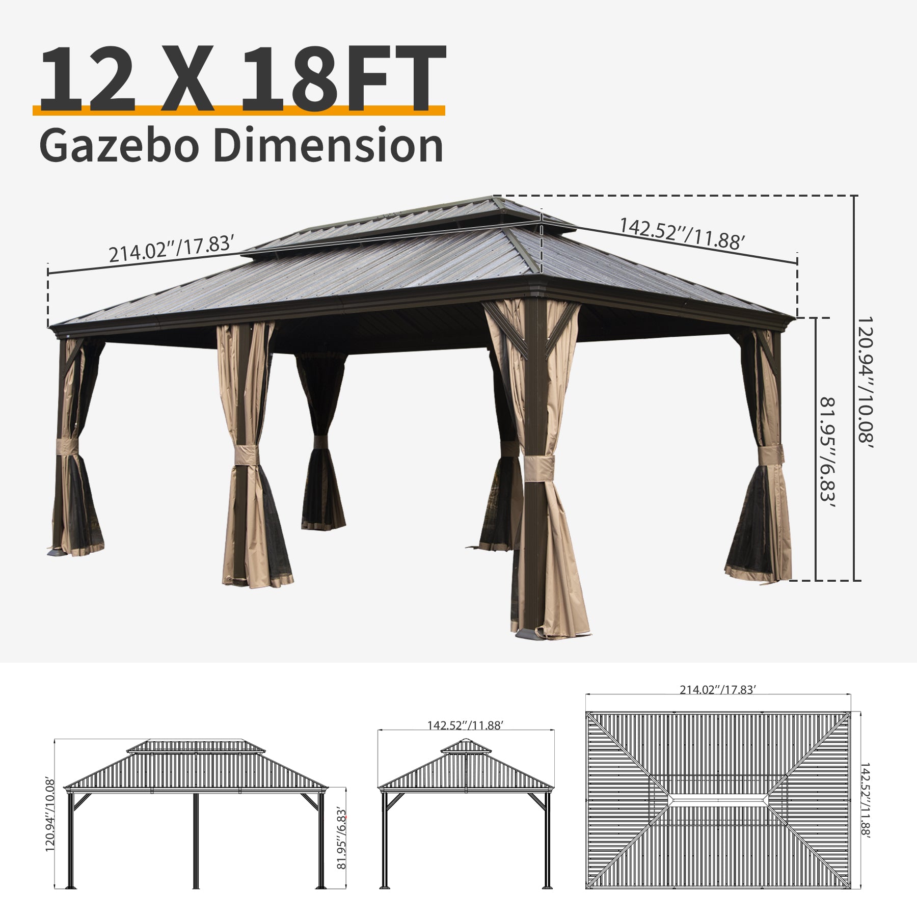 12' X 18' Hardtop Gazebo, Upgraded Metal Gazebo with Drainage System, Dual-Layer Galvanized Steel Roof, Curtain and Netting, Outdoor Shelter Canopy for Patio, Garden, and Backyard, Brown