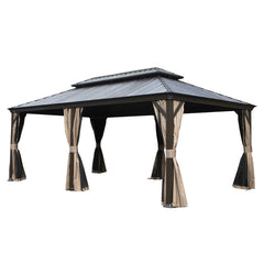 12' X 18' Hardtop Gazebo, Upgraded Metal Gazebo with Drainage System, Dual-Layer Galvanized Steel Roof, Curtain and Netting, Outdoor Shelter Canopy for Patio, Garden, and Backyard, Brown