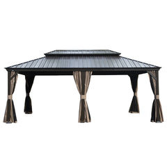 12' X 18' Hardtop Gazebo, Upgraded Metal Gazebo with Drainage System, Dual-Layer Galvanized Steel Roof, Curtain and Netting, Outdoor Shelter Canopy for Patio, Garden, and Backyard, Brown