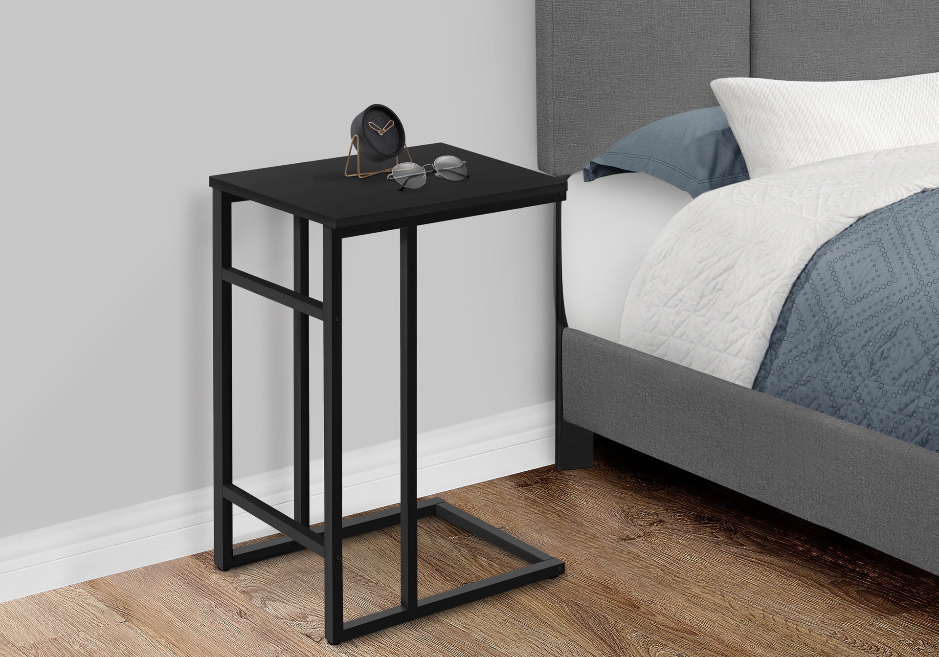 Accent Table, C-shaped, End, Side, Snack, Living Room, Bedroom, Black Laminate, Black Metal, Contemporary, Modern