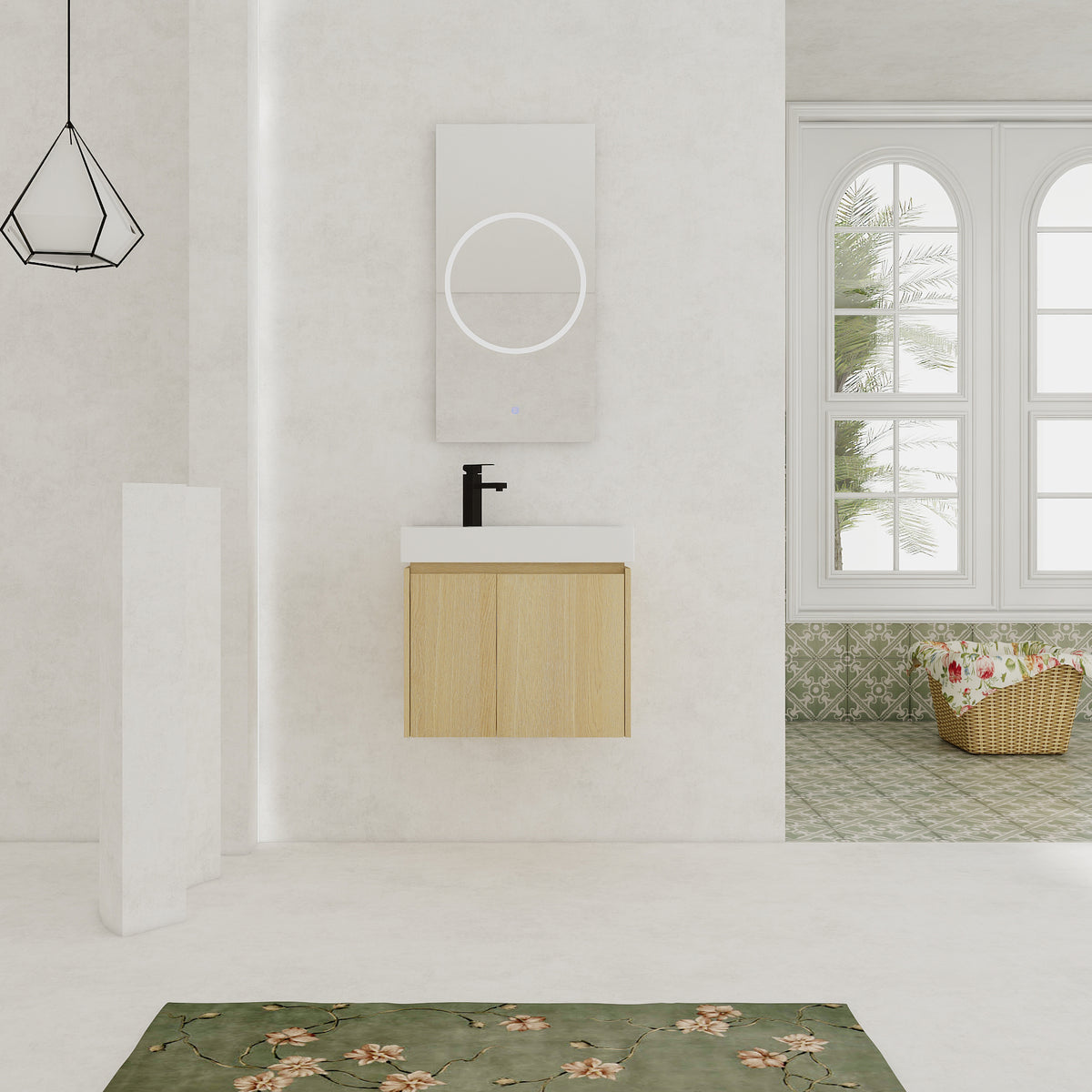 24 Inch Bathroom Vanity with Ceramic Basin, Wall Mounted Floating Vanity Sink Combo, Wooden Storage Cabinet with Double Doors for Bathroom,Oak