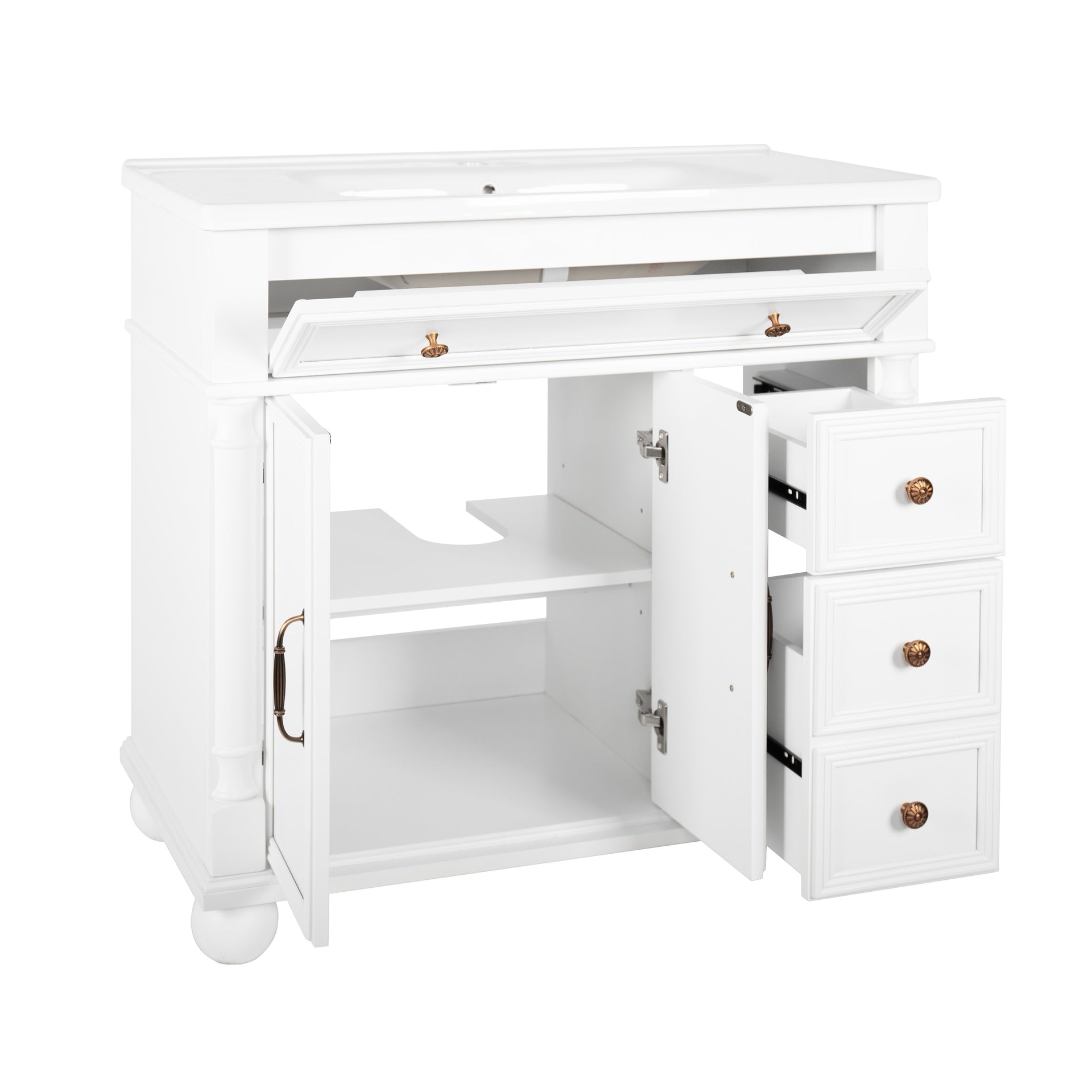 35.6" Mid-Century Bathroom Vanity Sink with Roman Column Base, Farmhouse Freestanding Bathroom Vanity Sink with Storage, High-end Restroom Vanity Cabinet with Metal Handles & Solid Wood Frame, White