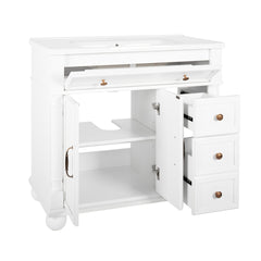 35.6" Mid-Century Bathroom Vanity Sink with Roman Column Base, Farmhouse Freestanding Bathroom Vanity Sink with Storage, High-end Restroom Vanity Cabinet with Metal Handles & Solid Wood Frame, White