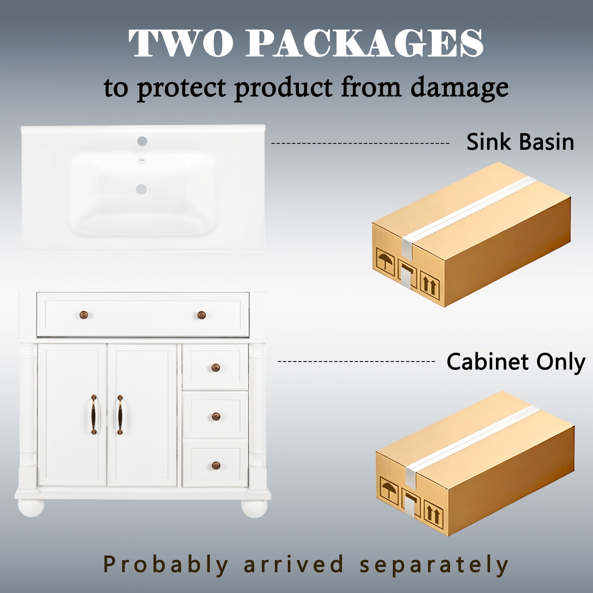 35.6" Mid-Century Bathroom Vanity Sink with Roman Column Base, Farmhouse Freestanding Bathroom Vanity Sink with Storage, High-end Restroom Vanity Cabinet with Metal Handles & Solid Wood Frame, White