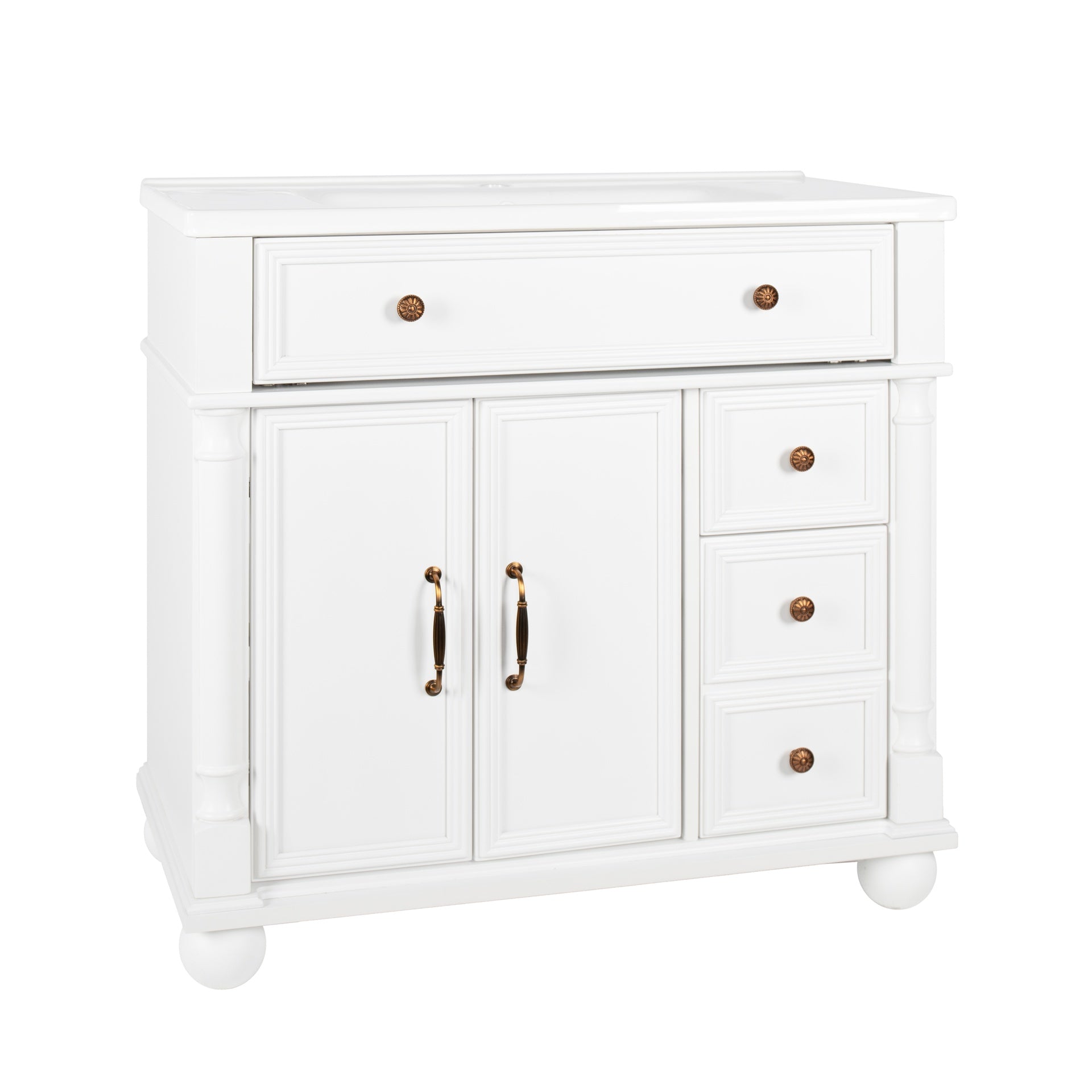35.6" Mid-Century Bathroom Vanity Sink with Roman Column Base, Farmhouse Freestanding Bathroom Vanity Sink with Storage, High-end Restroom Vanity Cabinet with Metal Handles & Solid Wood Frame, White