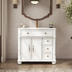 35.6" Mid-Century Bathroom Vanity Sink with Roman Column Base, Farmhouse Freestanding Bathroom Vanity Sink with Storage, High-end Restroom Vanity Cabinet with Metal Handles & Solid Wood Frame, White