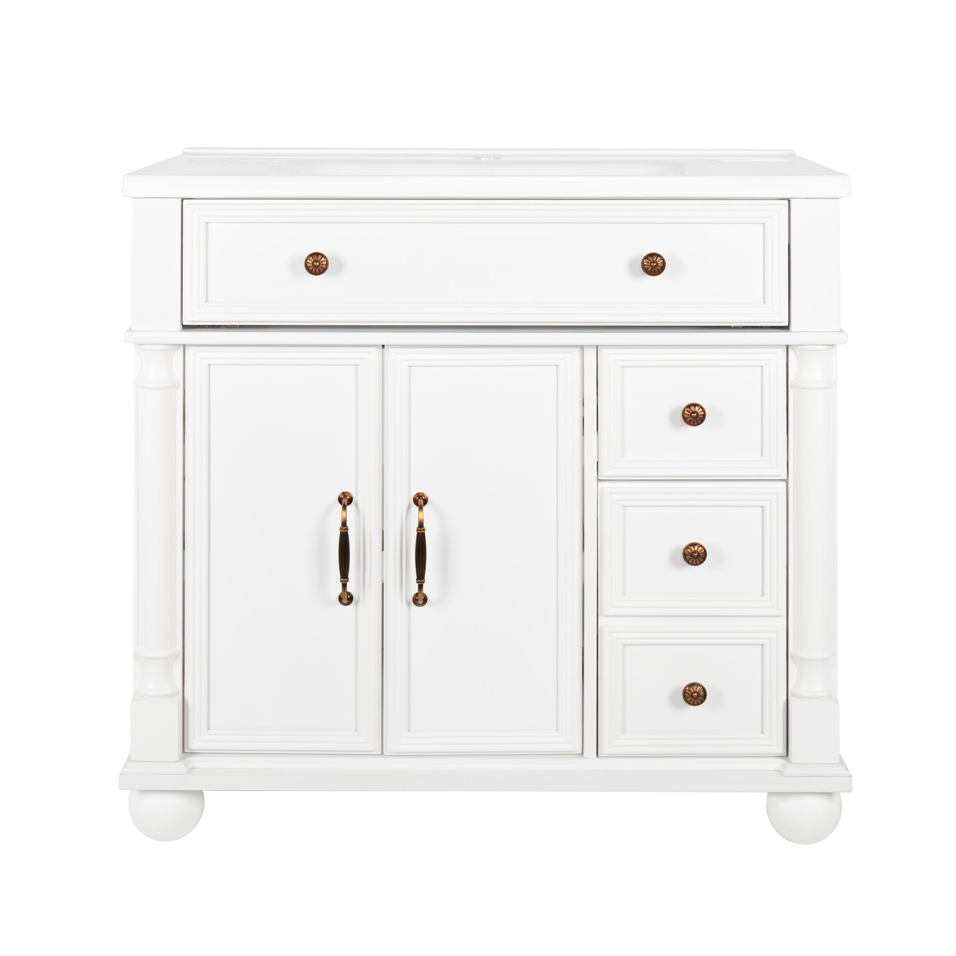 35.6" Mid-Century Bathroom Vanity Sink with Roman Column Base, Farmhouse Freestanding Bathroom Vanity Sink with Storage, High-end Restroom Vanity Cabinet with Metal Handles & Solid Wood Frame, White