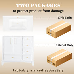 35.6" Modern Bathroom Vanity Sink Combo with Painted Surface, Mid-Century Freestanding Freestanding Bathroom Vanity Sink with Storage, High-end Restroom Vanity Cabinet with Drawers & Metal Handles
