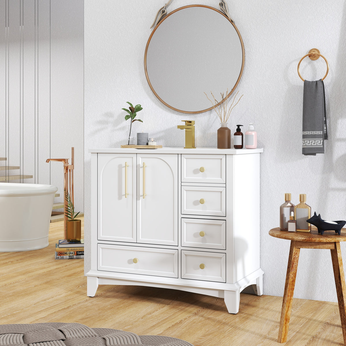 35.6" Modern Bathroom Vanity Sink Combo with Painted Surface, Mid-Century Freestanding Freestanding Bathroom Vanity Sink with Storage, High-end Restroom Vanity Cabinet with Drawers & Metal Handles