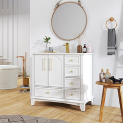 35.6" Modern Bathroom Vanity Sink Combo with Painted Surface, Mid-Century Freestanding Freestanding Bathroom Vanity Sink with Storage, High-end Restroom Vanity Cabinet with Drawers & Metal Handles