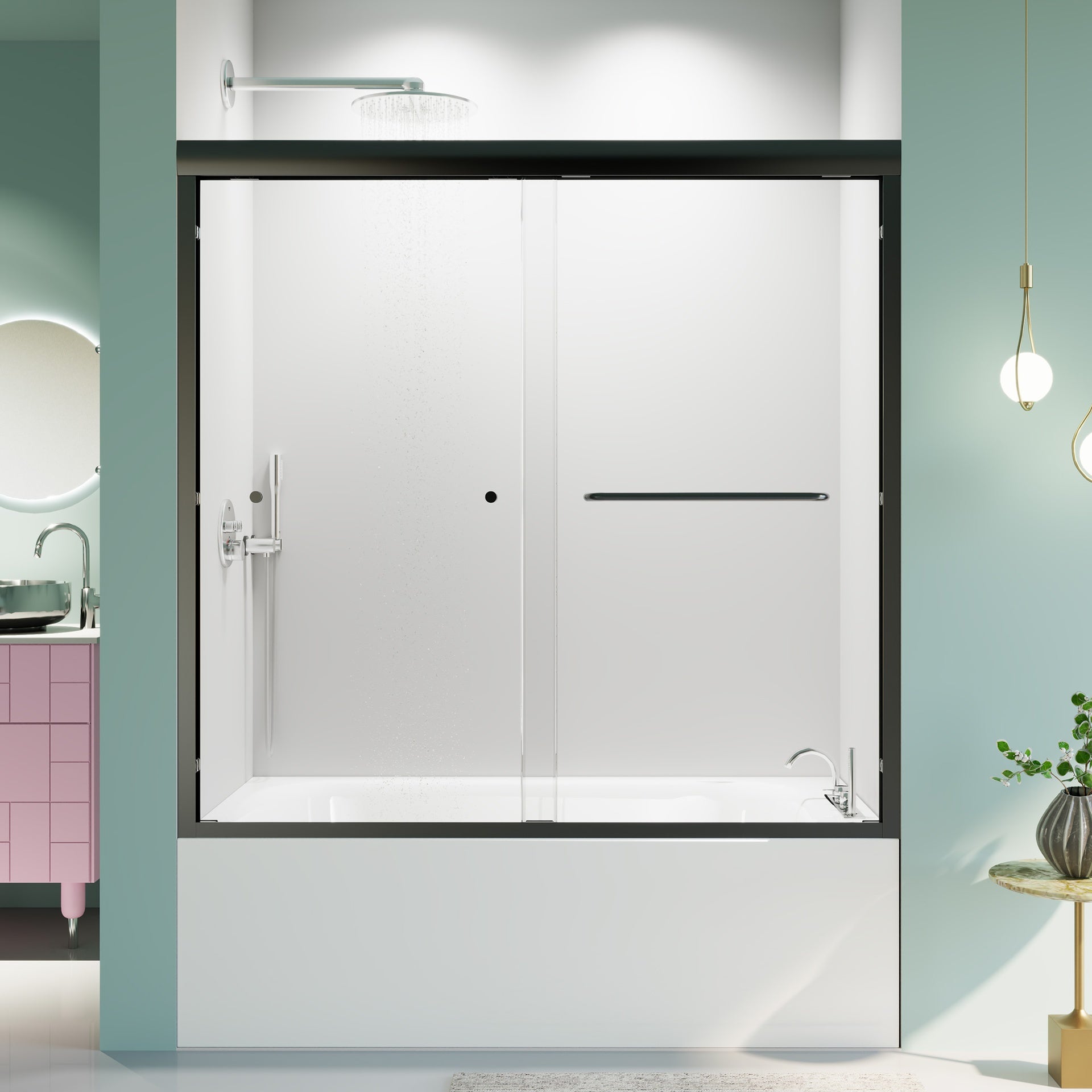 56"-60"W*58" H  Semi-Frameless Double Sliding Tub Door, Bypass Bathtub Shower, 1/4" (6mm) Thick SGCC Tempered Glass Door,  Matte Black