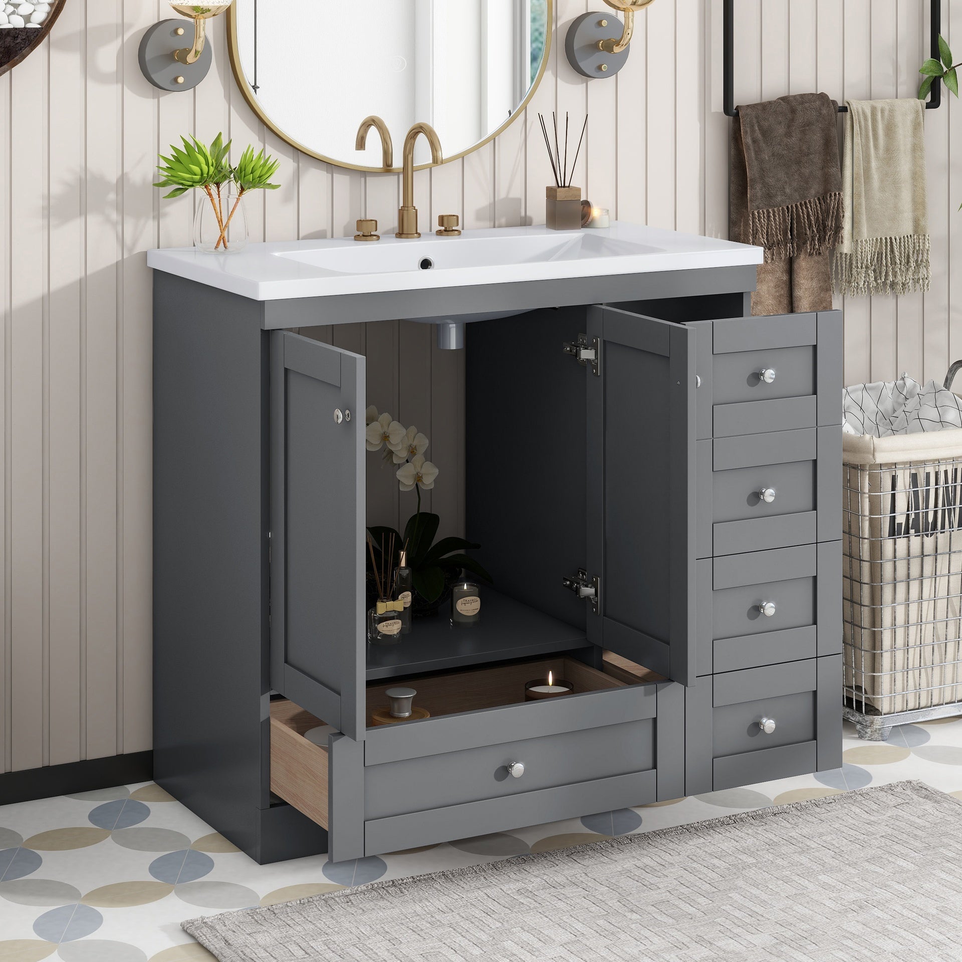 36 inch Shaker Style Free-Standing Bathroom Vanity Cabinet with Sink, 4 Soft-close Drawers and 2 Soft-close doors
