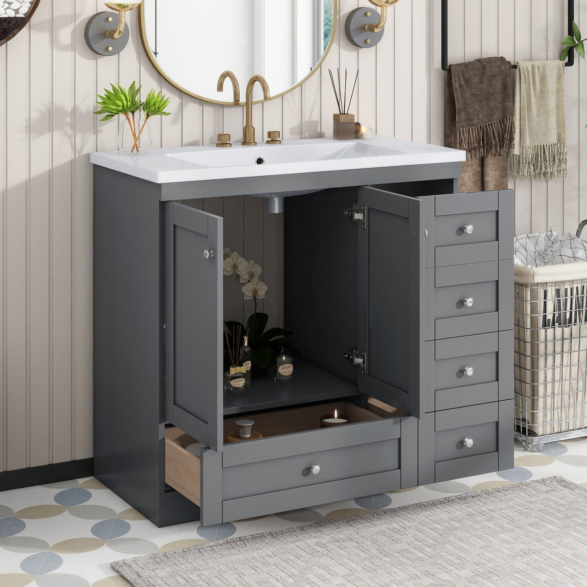 36 inch Shaker Style Free-Standing Bathroom Vanity Cabinet with Sink, 4 Soft-close Drawers and 2 Soft-close doors