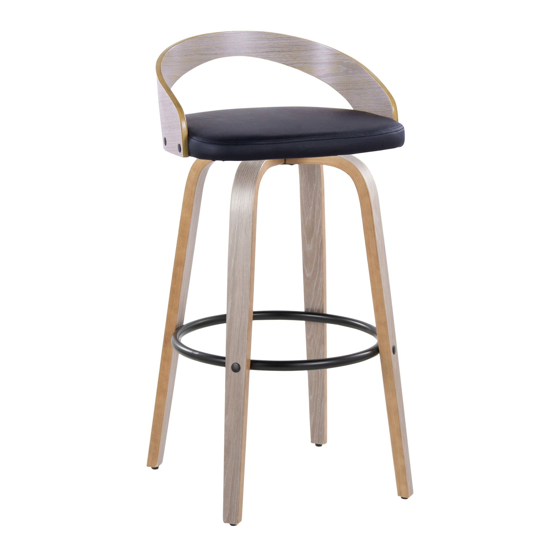 Grotto 30" Contemporary Fixed-Height Barstool with Swivel in Light Grey Wood and Black Faux Leather with Round Black Metal Footrest by LumiSource - Set of 2