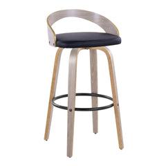Grotto 30" Contemporary Fixed-Height Barstool with Swivel in Light Grey Wood and Black Faux Leather with Round Black Metal Footrest by LumiSource - Set of 2