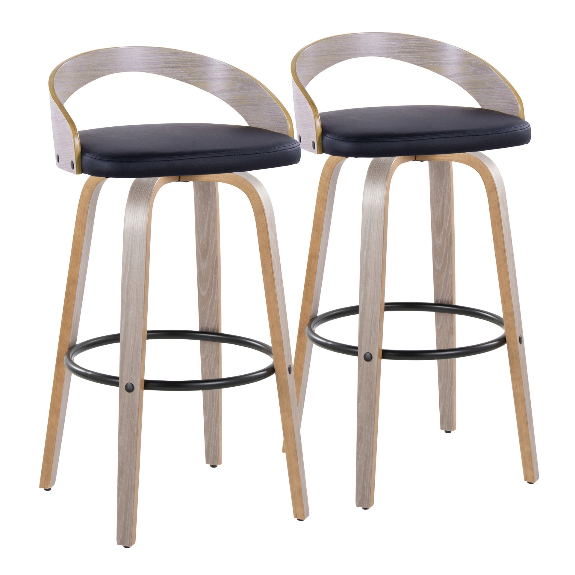 Grotto 30" Contemporary Fixed-Height Barstool with Swivel in Light Grey Wood and Black Faux Leather with Round Black Metal Footrest by LumiSource - Set of 2