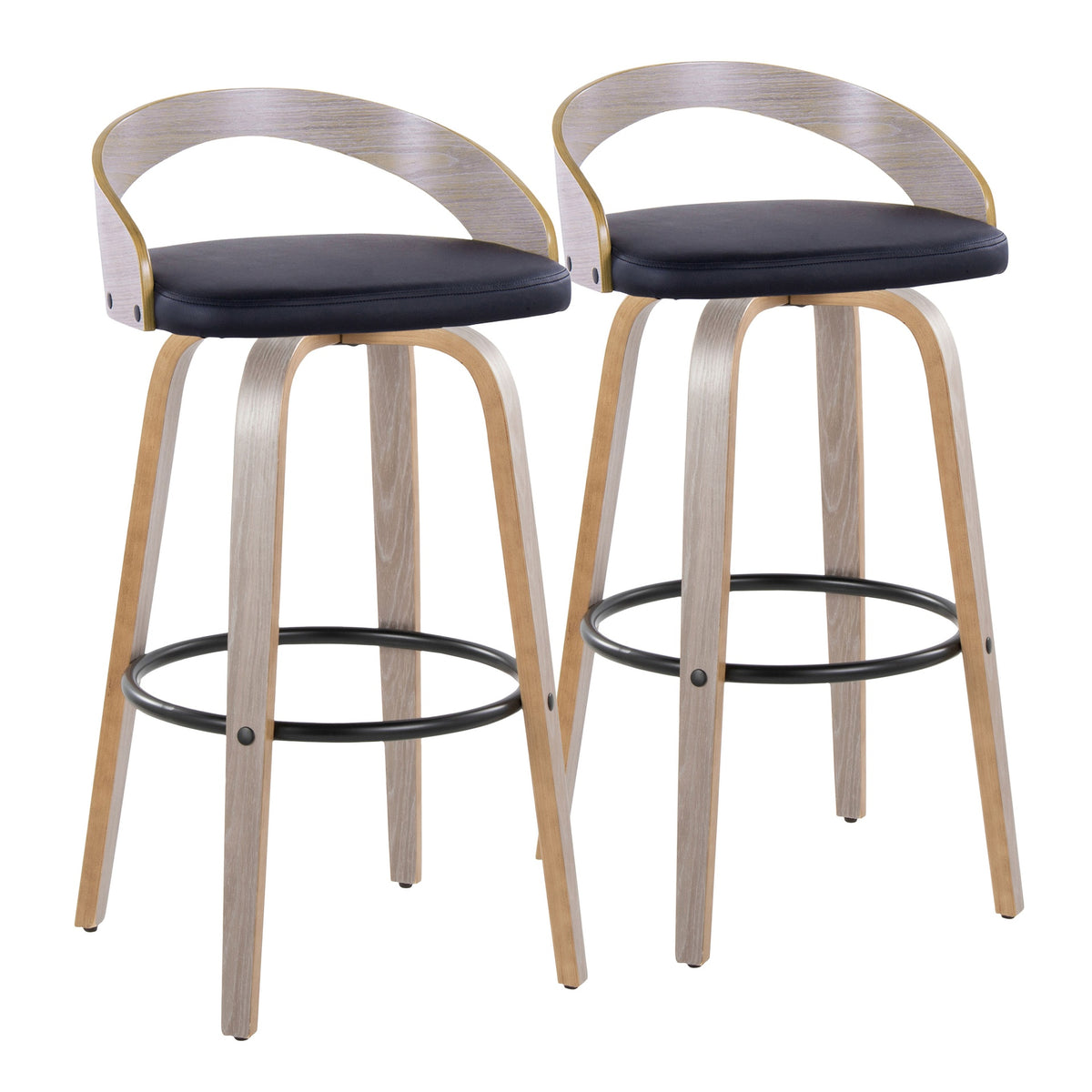 Grotto 30" Contemporary Fixed-Height Barstool with Swivel in Light Grey Wood and Black Faux Leather with Round Black Metal Footrest by LumiSource - Set of 2