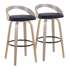 Grotto 30" Contemporary Fixed-Height Barstool with Swivel in Light Grey Wood and Black Faux Leather with Round Black Metal Footrest by LumiSource - Set of 2