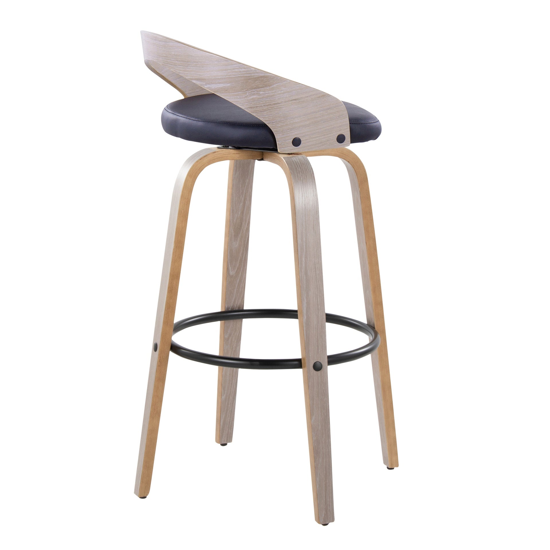 Grotto 30" Contemporary Fixed-Height Barstool with Swivel in Light Grey Wood and Black Faux Leather with Round Black Metal Footrest by LumiSource - Set of 2