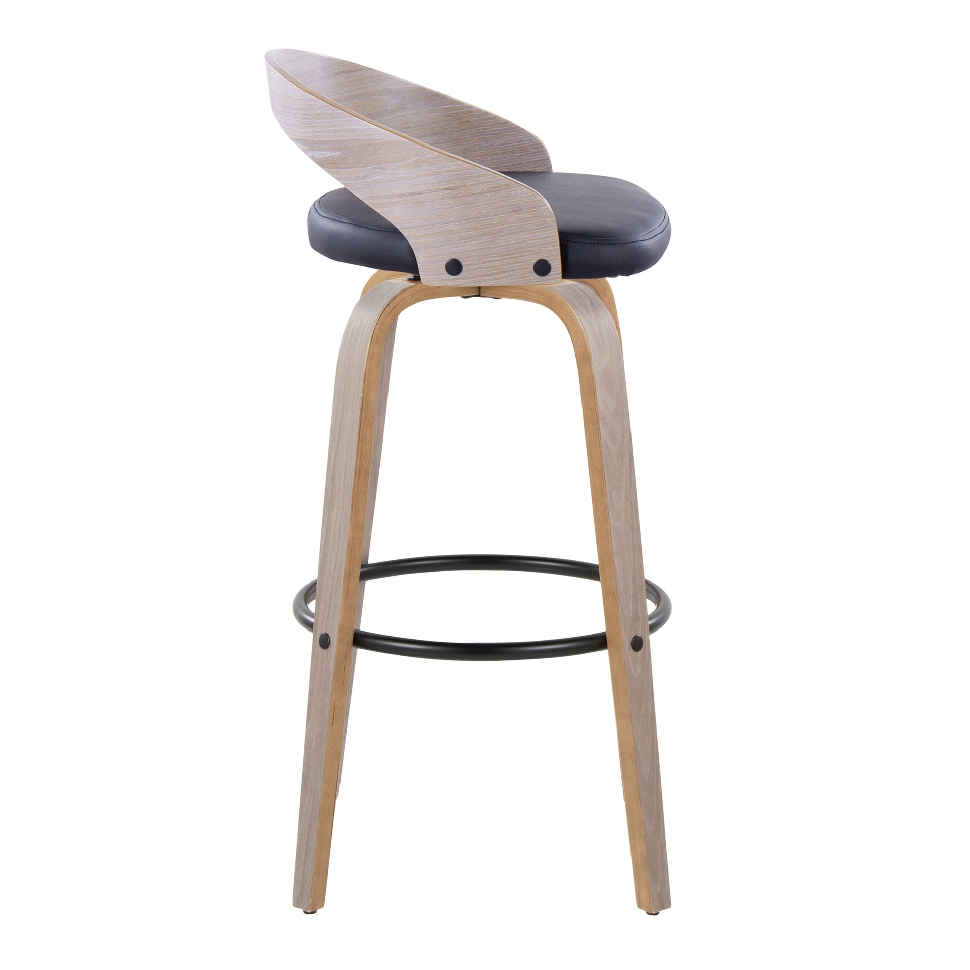 Grotto 30" Contemporary Fixed-Height Barstool with Swivel in Light Grey Wood and Black Faux Leather with Round Black Metal Footrest by LumiSource - Set of 2
